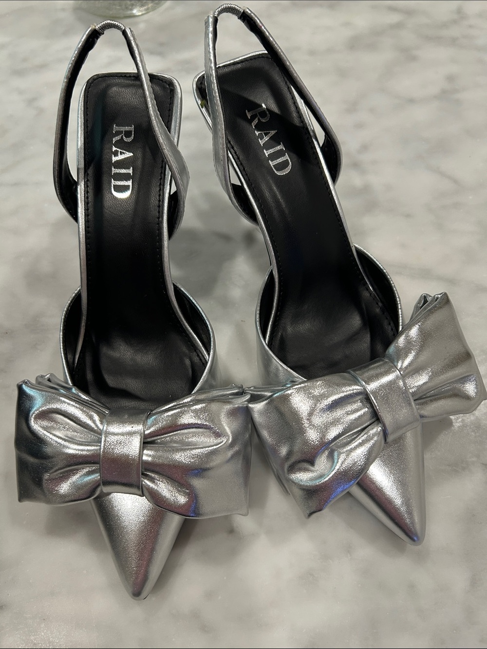NWT Never Worn Raid Silver Pointed-Toe Slingback Pumps with Bow